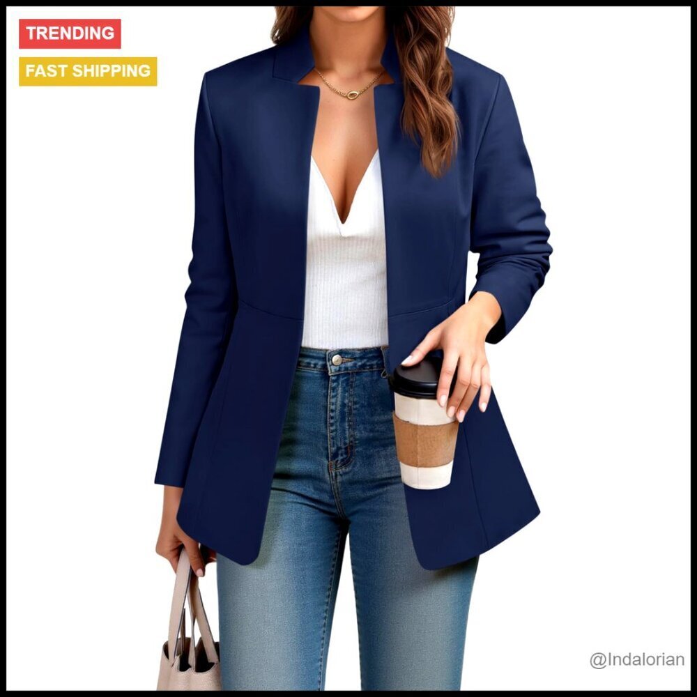Classic Notch Collar Blazer Long Sleeve Open Front Work Office Jacket Elegant